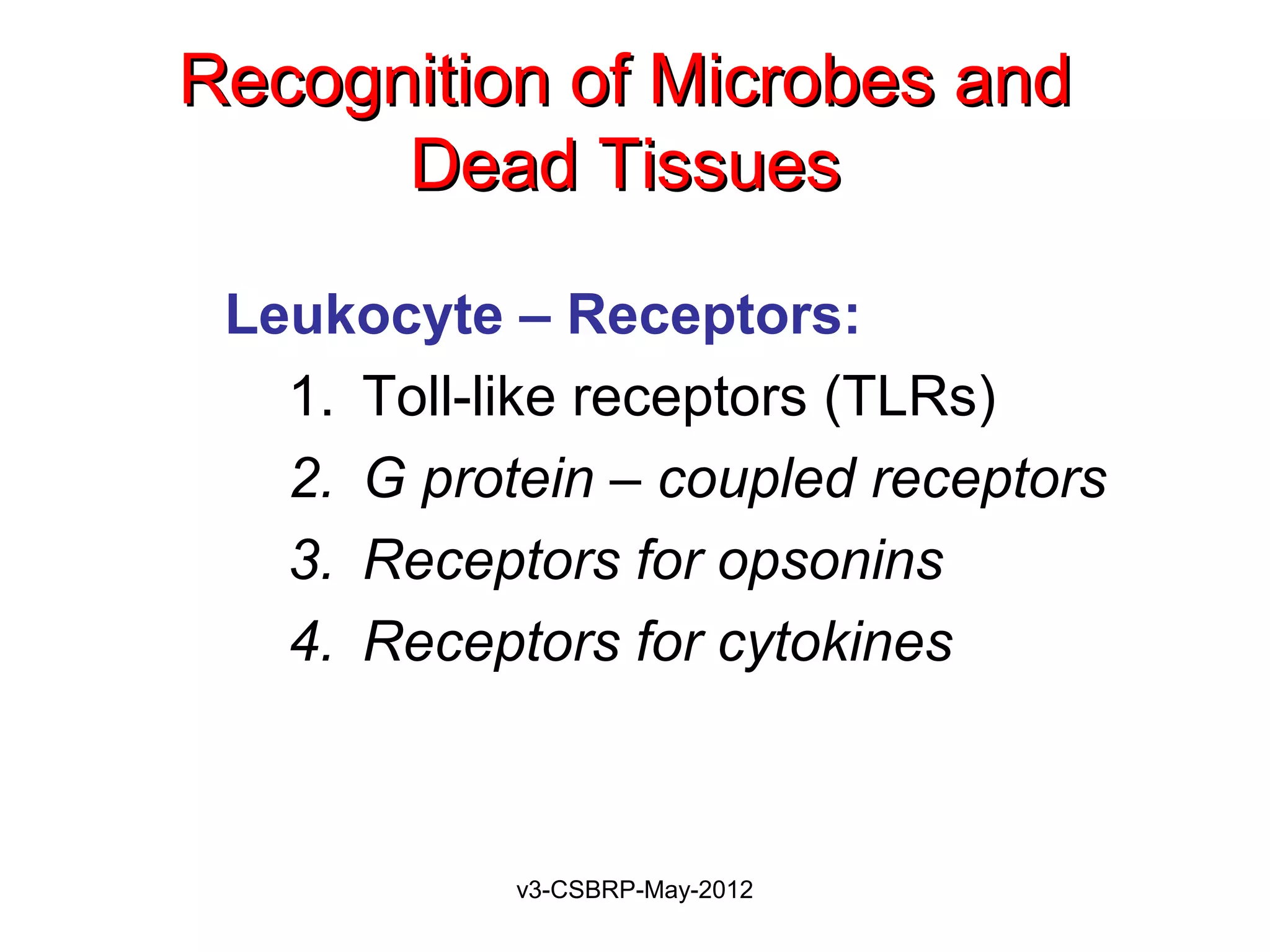Recognition of Microbes and
      Dead Tissues

 Leukocyte – Receptors:
   1. Toll-like receptors (TLRs)
   2. G protein – coupled receptors
   3. Receptors for opsonins
   4. Receptors for cytokines



            v3-CSBRP-May-2012
 