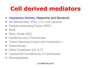 Cell derived mediators
   Vasoactive Amines: Histamine and Serotonin
   AA Metabolites: PGs, LTs, and Lipoxins
   Platelet-Activating Factor (PAF)
   ROS
   Nitric Oxide (NO)
   Cytokines and Chemokines
   Tumor Necrosis Factor and Interleukin-1
   Chemokines
   Other Cytokines IL6, IL17
   Lysosomal Constituents of Leukocytes
   Neuropeptides
                       v3-CSBRP-May-2012
 