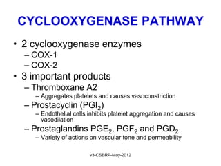 CYCLOOXYGENASE PATHWAY
• 2 cyclooxygenase enzymes
  – COX-1
  – COX-2
• 3 important products
  – Thromboxane A2
    – Aggregates platelets and causes vasoconstriction
  – Prostacyclin (PGI2)
    – Endothelial cells inhibits platelet aggregation and causes
      vasodilation
  – Prostaglandins PGE2, PGF2 and PGD2
    – Variety of actions on vascular tone and permeability

                        v3-CSBRP-May-2012
 
