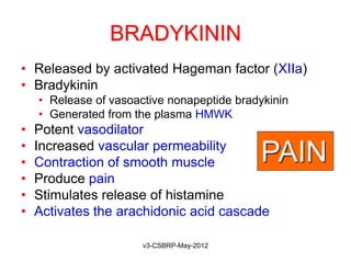 BRADYKININ
• Released by activated Hageman factor (XIIa)
• Bradykinin
    • Release of vasoactive nonapeptide bradykinin
    • Generated from the plasma HMWK
•   Potent vasodilator
•   Increased vascular permeability
•   Contraction of smooth muscle            PAIN
•   Produce pain
•   Stimulates release of histamine
•   Activates the arachidonic acid cascade

                       v3-CSBRP-May-2012
 