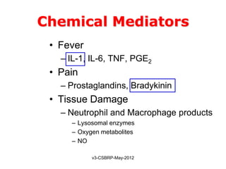 Chemical Mediators
 • Fever
   – IL-1, IL-6, TNF, PGE2
 • Pain
   – Prostaglandins, Bradykinin
 • Tissue Damage
   – Neutrophil and Macrophage products
     – Lysosomal enzymes
     – Oxygen metabolites
     – NO

           v3-CSBRP-May-2012
 