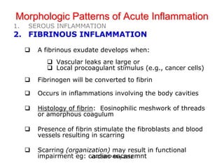 Morphologic Patterns of Acute Inflammation
1.   SEROUS INFLAMMATION
2. FIBRINOUS INFLAMMATION

        A fibrinous exudate develops when:
             Vascular leaks are large or
             Local procoagulant stimulus (e.g., cancer cells)
        Fibrinogen will be converted to fibrin

        Occurs in inflammations involving the body cavities

        Histology of fibrin: Eosinophilic meshwork of threads
         or amorphous coagulum

        Presence of fibrin stimulate the fibroblasts and blood
         vessels resulting in scarring

        Scarring (organization) may result in functional
         impairment eg: cardiac encasemnt
                          v3-CSBRP-May-2012
 