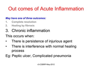 Out comes of Acute Inflammation
May have one of three outcomes:
1.  Complete resolution
2.  Healing by fibrosis

3. Chronic inflammation
This occurs when:
• There is persistence of injurious agent
• There is interference with normal healing
    process
Eg: Peptic ulcer, Complicated pneumonia

                        v3-CSBRP-May-2012
 