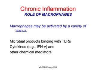 Chronic Inflammation
        ROLE OF MACROPHAGES


Macrophages may be activated by a variety of
  stimuli:

Microbial products binding with TLRs
Cytokines (e.g., IFN-γ) and
other chemical mediators


                 v3-CSBRP-May-2012
 