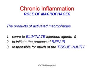 Chronic Inflammation
          ROLE OF MACROPHAGES


The products of activated macrophages

1. serve to ELIMINATE injurious agents &
2. to initiate the process of REPAIR
3. responsible for much of the TISSUE INJURY



                  v3-CSBRP-May-2012
 