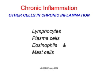 Chronic Inflammation
OTHER CELLS IN CHRONIC INFLAMMATION



          Lymphocytes
          Plasma cells
          Eosinophils &
          Mast cells


             v3-CSBRP-May-2012
 