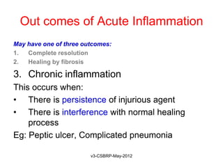 Out comes of Acute Inflammation
May have one of three outcomes:
1.  Complete resolution
2.  Healing by fibrosis

3. Chronic inflammation
This occurs when:
• There is persistence of injurious agent
• There is interference with normal healing
    process
Eg: Peptic ulcer, Complicated pneumonia

                        v3-CSBRP-May-2012
 