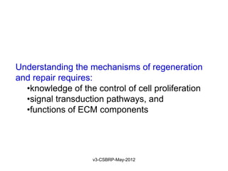 Understanding the mechanisms of regeneration
and repair requires:
  •knowledge of the control of cell proliferation
  •signal transduction pathways, and
  •functions of ECM components




                    v3-CSBRP-May-2012
 