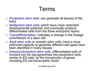 Terms
o Pluripotent stem cells: can generate all tissues of the
  body
o Multipotent stem cells: which have more restricted
  developmental potential, and eventually produce
  differentiated cells from the three embryonic layers
o Transdifferentiation: indicates a change in the lineage
  commitment of a stem cell
o Adult stem cells or somatic stem cells: have a more
  restricted capacity to generate different cell types have
  been identified in many tissues
o Induced pluripotent stem cells: differentiated cells of
  humans can be reprogrammed into pluripotent cells,
  similar to ES cells, by the transduction of genes
  encoding ES cell transcription factor
                        v3-CSBRP-May-2012
 