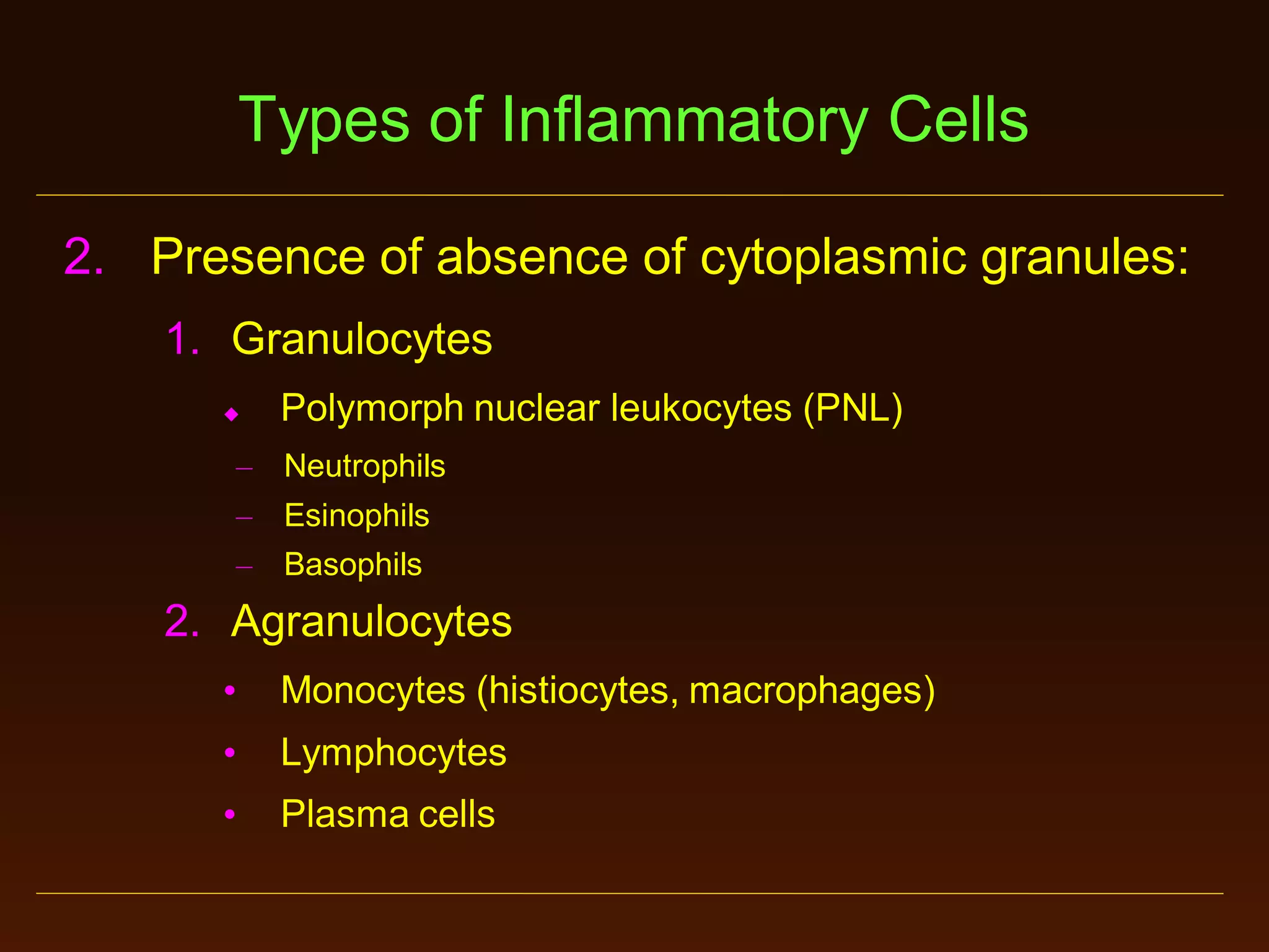 Types of Inflammatory Cells
2. Presence of absence of cytoplasmic granules:
1. Granulocytes


Polymorph nuclear leukocytes (PNL)

– Neutrophils

– Esinophils
– Basophils

2. Agranulocytes
•

Monocytes (histiocytes, macrophages)

•

Lymphocytes

•

Plasma cells

 