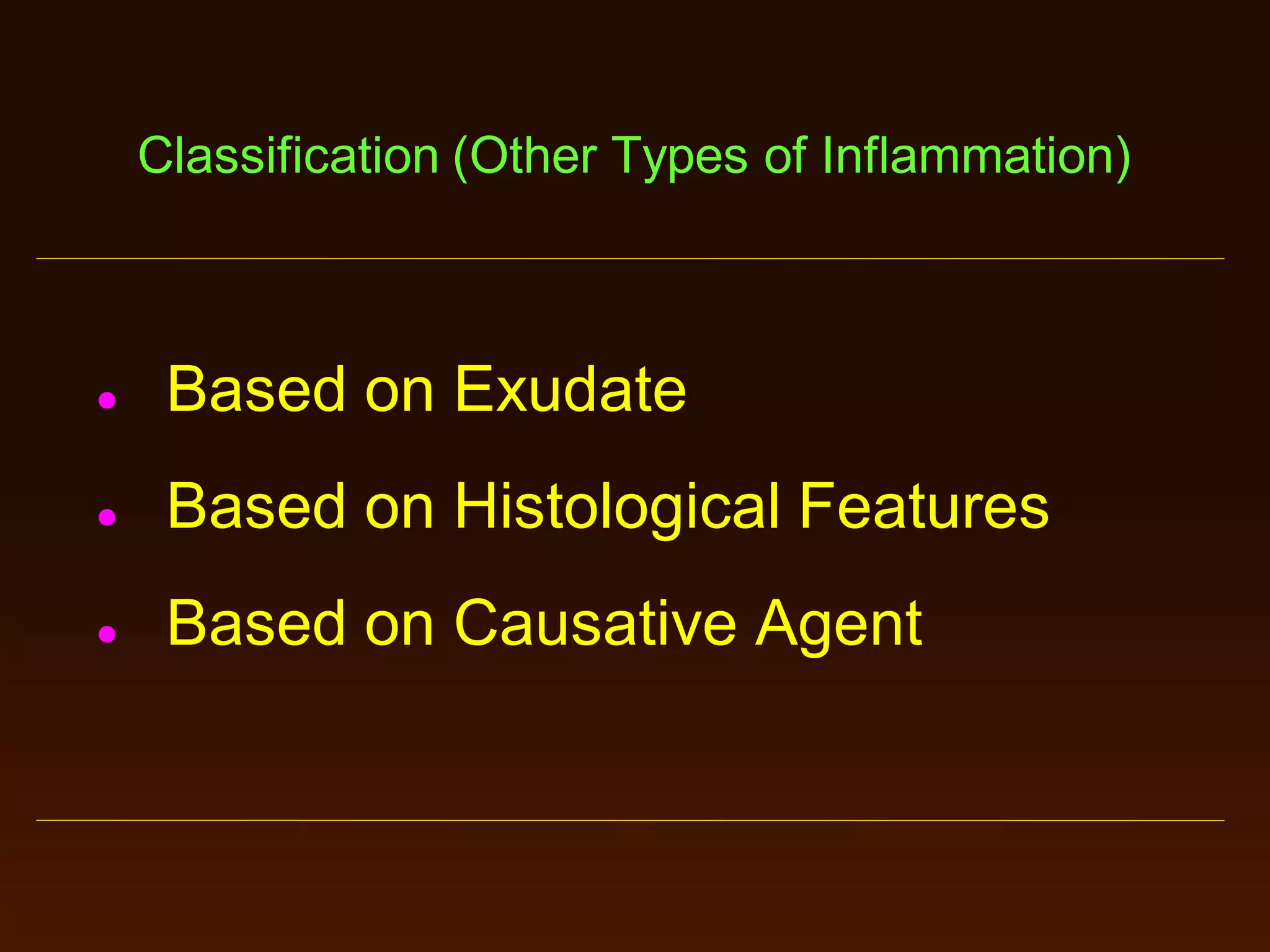 Classification (Other Types of Inflammation)



Based on Exudate



Based on Histological Features



Based on Causative Agent

 