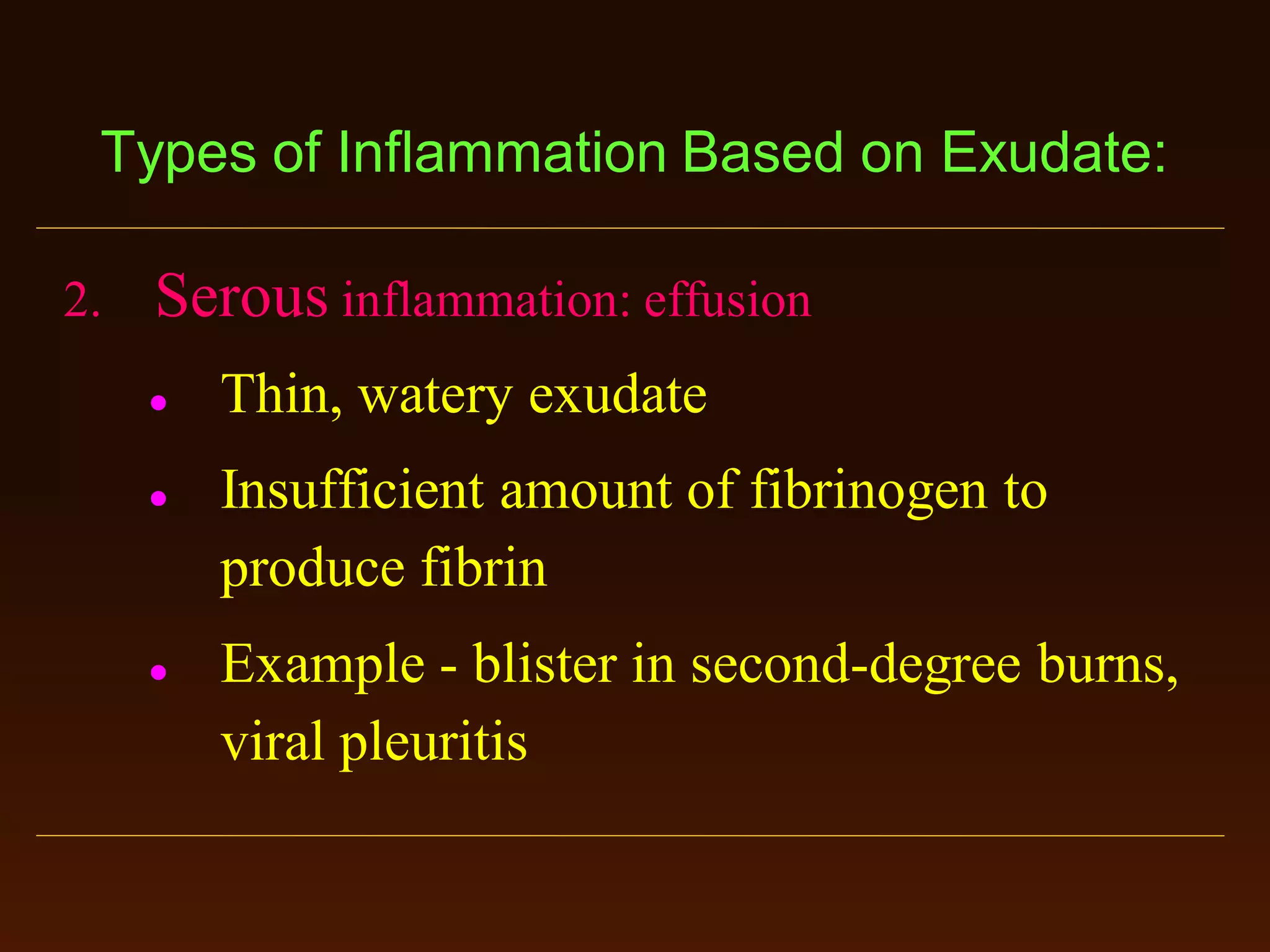 Types of Inflammation Based on Exudate:
2.

Serous inflammation: effusion






Thin, watery exudate

Insufficient amount of fibrinogen to
produce fibrin
Example - blister in second-degree burns,
viral pleuritis

 
