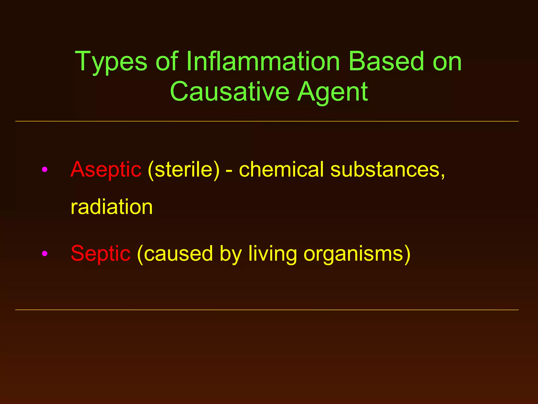 Types of Inflammation Based on
Causative Agent
•

Aseptic (sterile) - chemical substances,
radiation

•

Septic (caused by living organisms)

 