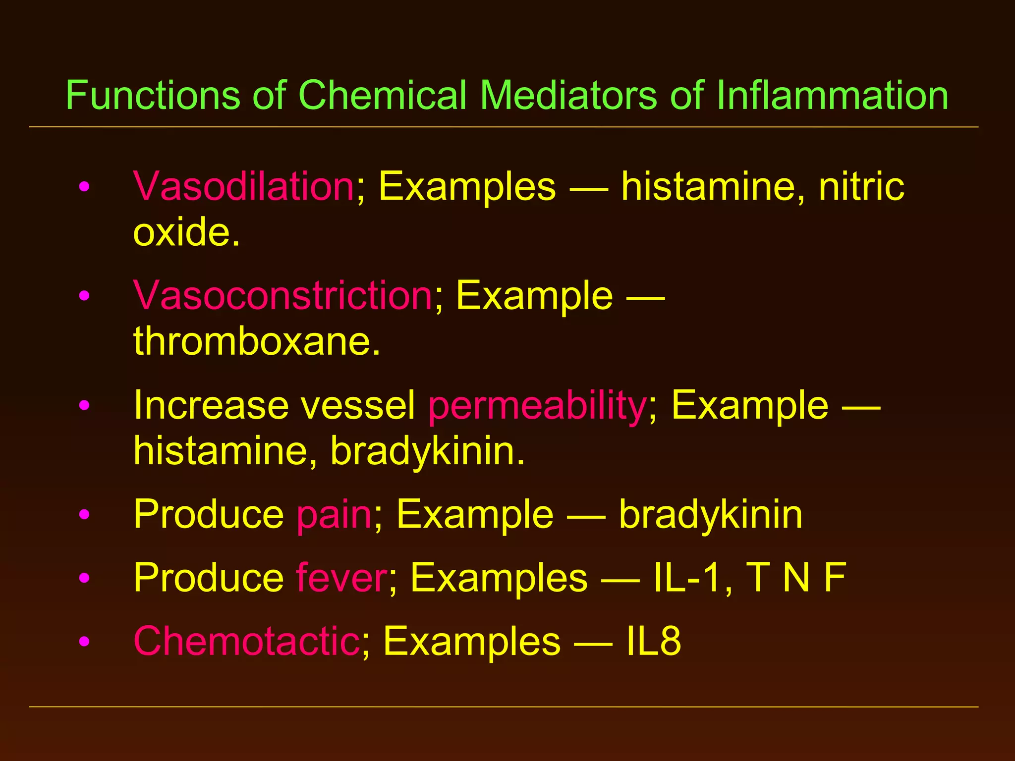 Functions of Chemical Mediators of Inflammation
•

Vasodilation; Examples ― histamine, nitric
oxide.

•

Vasoconstriction; Example ―
thromboxane.

•

Increase vessel permeability; Example ―
histamine, bradykinin.

•

Produce pain; Example ― bradykinin

•

Produce fever; Examples ― IL-1, T N F

•

Chemotactic; Examples ― IL8

 