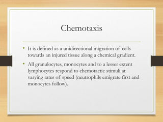 Chemotaxis
• It is defined as a unidirectional migration of cells
towards an injured tissue along a chemical gradient.
• All granulocytes, monocytes and to a lesser extent
lymphocytes respond to chemotactic stimuli at
varying rates of speed (neutrophils emigrate first and
monocytes follow).
 