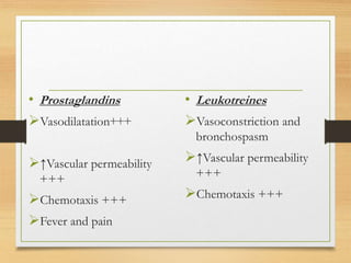 • Prostaglandins
Vasodilatation+++
↑Vascular permeability
+++
Chemotaxis +++
Fever and pain
• Leukotreines
Vasoconstriction and
bronchospasm
↑Vascular permeability
+++
Chemotaxis +++
 