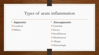 Types of acute inflammation
• Suppurative
Localized
Diffuse
• Non-suppurative
Catarrhal
Serous
Serofibrinous
Membranous
Allergic
Hemorrhagic
 