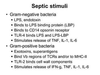 Septic stimuli
• Gram-negative bacteria
 LPS, endotoxin
 Binds to LPS binding protein (LBP)
 Binds to CD14 opsonin receptor
 TLR-4 binds LPS and LPS-LBP
 Stimulates release of TNF, IL-1, IL-6
• Gram-positive bacteria
 Exotoxins, superantigens
 Bind Vb regions of TCRs and/or to MHC-II
 TLR-2 binds cell wall components
 Stimulates release of IFN-g, TNF, IL-1, IL-6
 