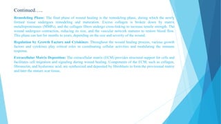 Continued…..
Remodeling Phase: The final phase of wound healing is the remodeling phase, during which the newly
formed tissue undergoes remodeling and maturation. Excess collagen is broken down by matrix
metalloproteinases (MMPs), and the collagen fibers undergo cross-linking to increase tensile strength. The
wound undergoes contraction, reducing its size, and the vascular network matures to restore blood flow.
This phase can last for months to years, depending on the size and severity of the wound.
Regulation by Growth Factors and Cytokines: Throughout the wound healing process, various growth
factors and cytokines play critical roles in coordinating cellular activities and modulating the immune
response.
Extracellular Matrix Deposition: The extracellular matrix (ECM) provides structural support for cells and
facilitates cell migration and signaling during wound healing. Components of the ECM, such as collagen,
fibronectin, and hyaluronic acid, are synthesized and deposited by fibroblasts to form the provisional matrix
and later the mature scar tissue.
 