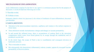 MECHANISM OF INFLAMMATION
Acute inflammatory response by the host to any agent is a continuous process but for the purpose of
discussion, it can be divided into following two events:
I. Vascular events.
II. Cellular events.
Intimately linked to these two processes is the release of mediators of acute inflammation, discussed
just thereafter.
I. VASCULAR EVENTS
 Alteration in the microvasculature (arterioles, capillaries and venules) is the earliest response to
tissue injury.
 These alterations include: haemodynamic changes and changes in vascular permeability.
 In and around the inflamed tissue, there is accumulation of oedema fluid in the interstitial
compartment which comes from blood plasma by its escape through the endothelial wall of
peripheral vascular bed.
 In the initial stage, the escape of fluid is due to vasodilatation and consequent elevation in
hydrostatic pressure.
 This is transudate in nature.
 But subsequently, the characteristic inflammatory oedema, exudate, appears by increased vascular
permeability of microcirculation.
 