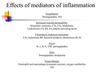 Effects of mediators of inflammation
Vasodilation:
Prostaglandins, NO
Increased vascular permeability:
Histamine, serotonin, C3a, C5a, bradykinin,
Leukotrienes C4, D4, E4, platelet activating factor
Chemotaxis, leukocyte activation:
C5a, leukotriene B4, bacterial products, chemokines (IL-8)
Fever:
IL-1, IL-6, TNF, prostaglandins
Pain:
Prostaglandins, bradykinin
Tissue damage:
Neutrophil and macrophage lysosomal enzymes, oxygen metabolites
NO
 
