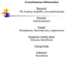 Granulomatous inflammation
Bacterial:
TB, Leprosy, Syphillis, cat-scratch disease
Parasitic:
Schistosomiasis
Fungal:
Histoplasma, blastomycosis, cryptococcus
Inorganics, metals, dusts:
Silicosis, berrylliosis
Foreign body
Unknown:
Sarcoidosis
 