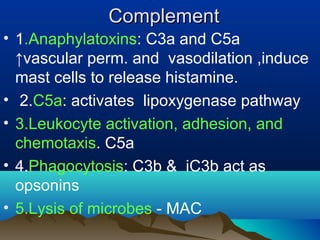 ComplementComplement
• 1.Anaphylatoxins: C3a and C5a
↑vascular perm. and vasodilation ,induce
mast cells to release histamine.
• 2.C5a: activates lipoxygenase pathway
• 3.Leukocyte activation, adhesion, and
chemotaxis. C5a
• 4.Phagocytosis: C3b & iC3b act as
opsonins
• 5.Lysis of microbes - MAC
 