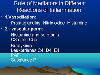 Role of Mediators in DifferentRole of Mediators in Different
Reactions of InflammationReactions of Inflammation
• 1.Vasodilation:
Prostaglandins, Nitric oxide Histamine
• 2.↑ vascular perm:
Histamine and serotonin
C3a and C5a
Bradykinin
Leukotrienes C4, D4, E4
PAF
Substance P
 