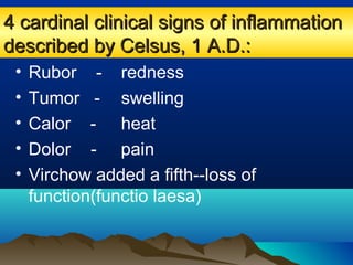 4 cardinal clinical signs of inflammation4 cardinal clinical signs of inflammation
described by Celsus, 1 A.D.:described by Celsus, 1 A.D.:
• Rubor - redness
• Tumor - swelling
• Calor - heat
• Dolor - pain
• Virchow added a fifth--loss of
function(functio laesa)
 