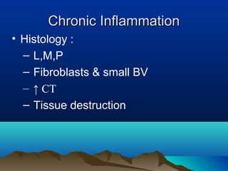 Chronic InflammationChronic Inflammation
• Histology :
– L,M,P
– Fibroblasts & small BV
– ↑ CT
– Tissue destruction
 