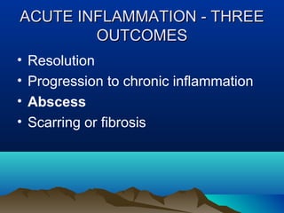ACUTE INFLAMMATION - THREEACUTE INFLAMMATION - THREE
OUTCOMESOUTCOMES
• Resolution
• Progression to chronic inflammation
• Abscess
• Scarring or fibrosis
 