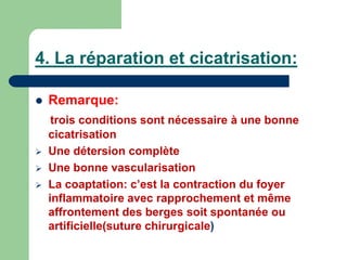4. La réparation et cicatrisation:
 Remarque:
trois conditions sont nécessaire à une bonne
cicatrisation
 Une détersion complète
 Une bonne vascularisation
 La coaptation: c’est la contraction du foyer
inflammatoire avec rapprochement et même
affrontement des berges soit spontanée ou
artificielle(suture chirurgicale)
 