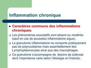 Inflammation chronique
 Caractères communs des inflammations
chroniques:
 Les phénomènes exsudatifs sont absent ou modérés
(sauf en cas de poussées inflammatoire aigue) .
 Le granulome inflammatoire ne comporte pratiquement
pas de polynucléaires mais essentiellement des
Lymphoplasmocytes ainsi que des macrophages.
 Ce granulome s’accompagne de lésions de sclérose
dont l’importance varie selon l’étiologie et l’individu .
 