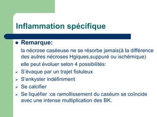 Inflammation spécifique
 Remarque:
la nécrose caséeuse ne se résorbe jamais(à la différence
des autres nécroses Hgiques,suppuré ou ischémique)
elle peut évoluer selon 4 possibilités:
 S’évaque par un trajet fistuleux
 S’enkyster indéfiniment
 Se calcifier
 Se liquéfier :ce ramollissement du caséum se coïncide
avec une intense multiplication des BK.
 