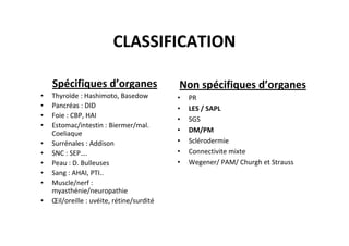 CLASSIFICATION
Spécifiques d’organes
• Thyroïde : Hashimoto, Basedow
• Pancréas : DID
• Foie : CBP, HAI
• Estomac/intestin...