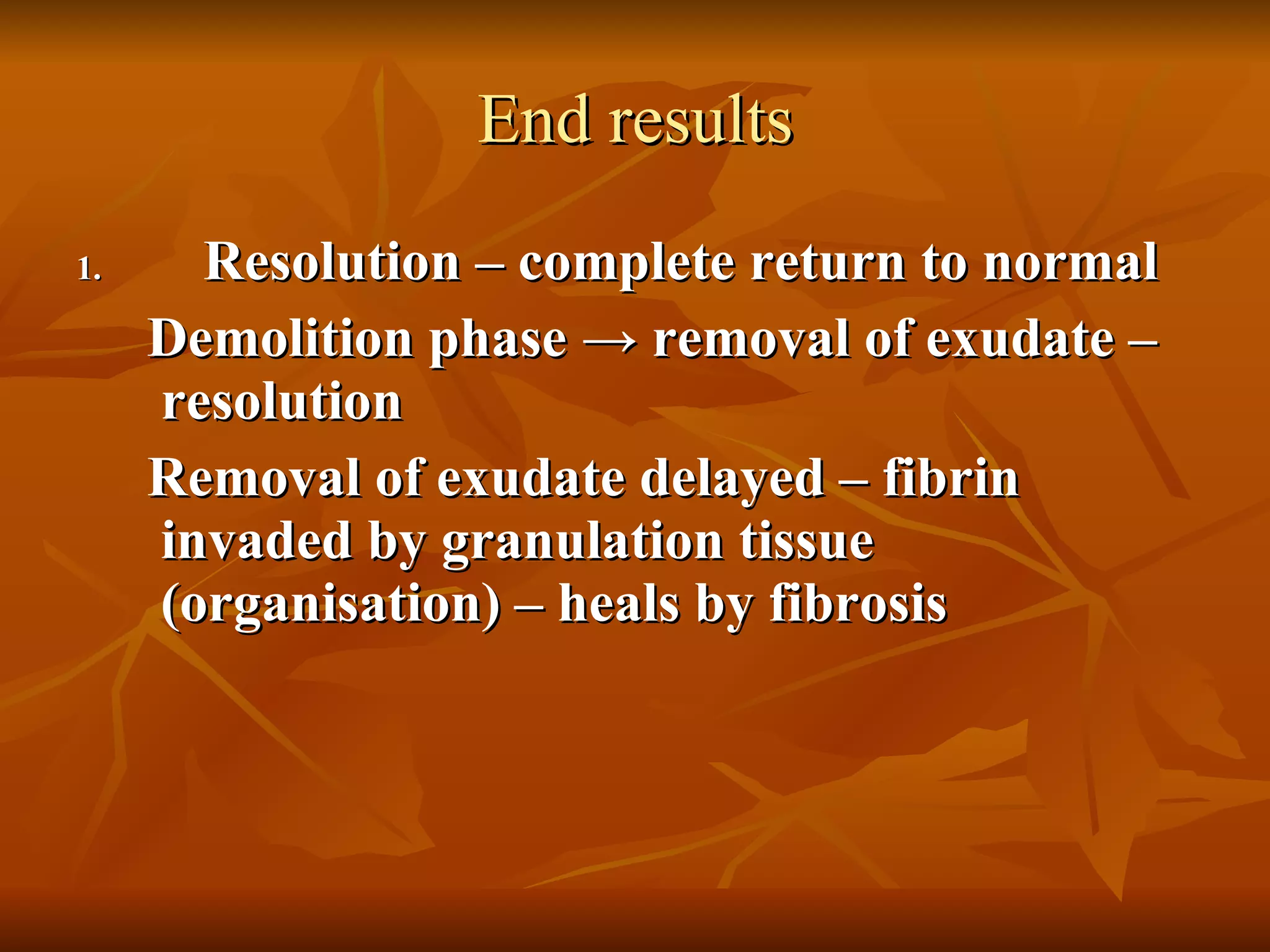 End results Resolution – complete return to normal Demolition phase  -> removal of exudate – resolution Removal of exudate delayed – fibrin invaded by granulation tissue (organisation) – heals by fibrosis 
