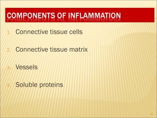 1.   Connective tissue cells

2.   Connective tissue matrix

3.   Vessels

4.   Soluble proteins


                                12
 