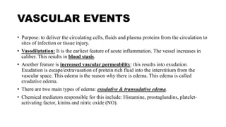 VASCULAR EVENTS
• Purpose: to deliver the circulating cells, fluids and plasma proteins from the circulation to
sites of infection or tissue injury.
• Vasodilatation: It is the earliest feature of acute inflammation. The vessel increases in
caliber. This results in blood stasis.
• Another feature is increased vascular permeability: this results into exudation.
Exudation is escape/extravasation of protein rich fluid into the interstitium from the
vascular space. This edema is the reason why there is edema. This edema is called
exudative edema.
• There are two main types of edema: exudative & transudative edema.
• Chemical mediators responsible for this include: Histamine, prostaglandins, platelet-
activating factor, kinins and nitric oxide (NO).
 
