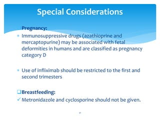 Pregnancy:
 Immunosuppressive drugs (azathioprine and
mercaptopurine) may be associated with fetal
deformities in humans and are classified as pregnancy
category D
 Use of infliximab should be restricted to the first and
second trimesters
Breastfeeding:
Metronidazole and cyclosporine should not be given.
Special Considerations
31
 