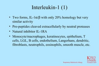 Interleukin-1 (1) Two forms, IL-1   with only 20% homology but very similar activity Pro-peptides cleaved extracellularly by neutral proteases Natural inhibitor IL-1RA Monocyte/macrophages, keratinocytes, epithelium, T cells, LGL, B cells, endothelium, Langerhans, dendritic, fibroblasts, neutrophils, eosinophils, smooth muscle, etc. 