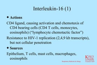 Interleukin-16 (1) Actions CD4 ligand, causing activation and chemotaxis of CD4 bearing cells (CD4 T cells, monocytes, eosinophils) (“lymphocyte chemotactic factor”) Resistance to HIV-1 replication (2,4,9 kb transcripts), but not cellular penetration Sources Epithelium, T cells, mast cells, macrophages, eosinophils 
