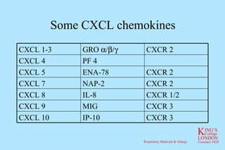 Some CXCL chemokines CXCR 3 IP-10 CXCL 10 CXCR 3 MIG CXCL 9 CXCR 1/2 IL-8 CXCL 8 CXCR 2 NAP-2 CXCL 7 CXCR 2 ENA-78 CXCL 5  PF 4 CXCL 4 CXCR 2 GRO   CXCL 1-3 