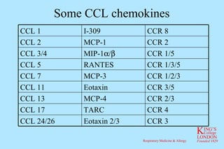 Some CCL chemokines CCR 3 Eotaxin 2/3 CCL 24/26 CCR 4 TARC CCL 17 CCR 2/3 MCP-4 CCL 13 CCR 3/5 Eotaxin CCL 11 CCR 1/2/3 MCP-3 CCL 7 CCR 1/3/5 RANTES CCL 5 CCR 1/5 MIP-1  CCL 3/4 CCR 2 MCP-1 CCL 2 CCR 8 I-309 CCL 1 
