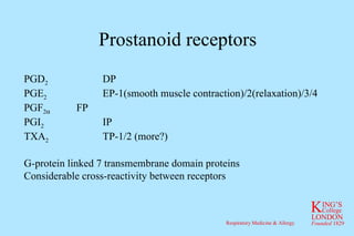 Prostanoid receptors PGD 2 DP PGE 2 EP-1(smooth muscle contraction)/2(relaxation)/3/4 PGF 2  FP PGI 2 IP TXA 2 TP-1/2 (more?) G-protein linked 7 transmembrane domain proteins Considerable cross-reactivity between receptors 