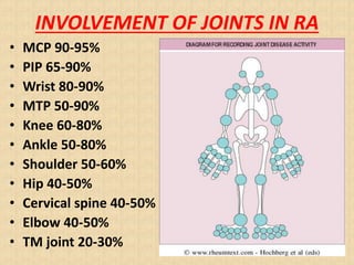 INVOLVEMENT OF JOINTS IN RA
• MCP 90-95%
• PIP 65-90%
• Wrist 80-90%
• MTP 50-90%
• Knee 60-80%
• Ankle 50-80%
• Shoulder 50-60%
• Hip 40-50%
• Cervical spine 40-50%
• Elbow 40-50%
• TM joint 20-30%
 