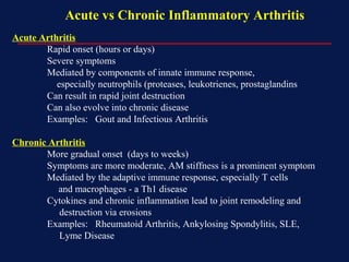 Acute vs Chronic Inflammatory Arthritis
Acute Arthritis
Rapid onset (hours or days)
Severe symptoms
Mediated by components of innate immune response,
especially neutrophils (proteases, leukotrienes, prostaglandins
Can result in rapid joint destruction
Can also evolve into chronic disease
Examples: Gout and Infectious Arthritis
Chronic Arthritis
More gradual onset (days to weeks)
Symptoms are more moderate, AM stiffness is a prominent symptom
Mediated by the adaptive immune response, especially T cells
and macrophages - a Th1 disease
Cytokines and chronic inflammation lead to joint remodeling and
destruction via erosions
Examples: Rheumatoid Arthritis, Ankylosing Spondylitis, SLE,
Lyme Disease
 