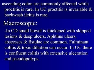 ascending colon are commonly affected while proctitis is rare. In UC proctitis is invariable & backwash ileitis is rare. Macroscopic: -In CD small bowel is thickened with skipped lesions & deep ulcers. Aphthus ulcers, abscesses & fistulae are common. Fulminant colitis & toxic diltation can occur. In UC there is confluent colitis with extensive ulceration  and pseudopolyps.  