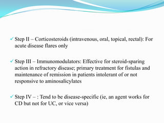  Step II – Corticosteroids (intravenous, oral, topical, rectal): For
acute disease flares only
 Step III – Immunomodulators: Effective for steroid-sparing
action in refractory disease; primary treatment for fistulas and
maintenance of remission in patients intolerant of or not
responsive to aminosalicylates
 Step IV – : Tend to be disease-specific (ie, an agent works for
CD but not for UC, or vice versa)
 