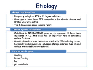 Etiology
• Frequency as high as 40% in 1st degree relatives.
• Monozygotic twins have 37% concordance for chron’s disease and
10%for ulcerative colitis.
• The 2 disease can occur in same family.
Genetic predispositions
• Mutations in NOD2/CARD15 gene on chromosome 16 have been
implicated in CD ,this gene has an important role in activating
nuclear factor-k.
• Genetic disorders have been associated with IBD including turner,
hermansky-pudlak syndrome , glycogen storage disorder type 1 b and
various immunodeficiency disorders.
Immune system disturbances
• Smoking
• Breastfeeding
• Diet
• gut microbiota
Environmental triggers
 