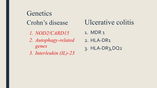 Genetics
Crohn’s disease Ulcerative colitis
1. NOD2/CARD15
2. Autophagy-related
genes
3. Interleukin (IL)-23
1. MDR 1
2. HLA-DR1
3. HLA-DR3,DQ2
 